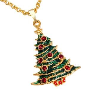 VTG Christmas Tree Necklace Gold Tone Red Rhinestone Enamel Nostalgic Holiday